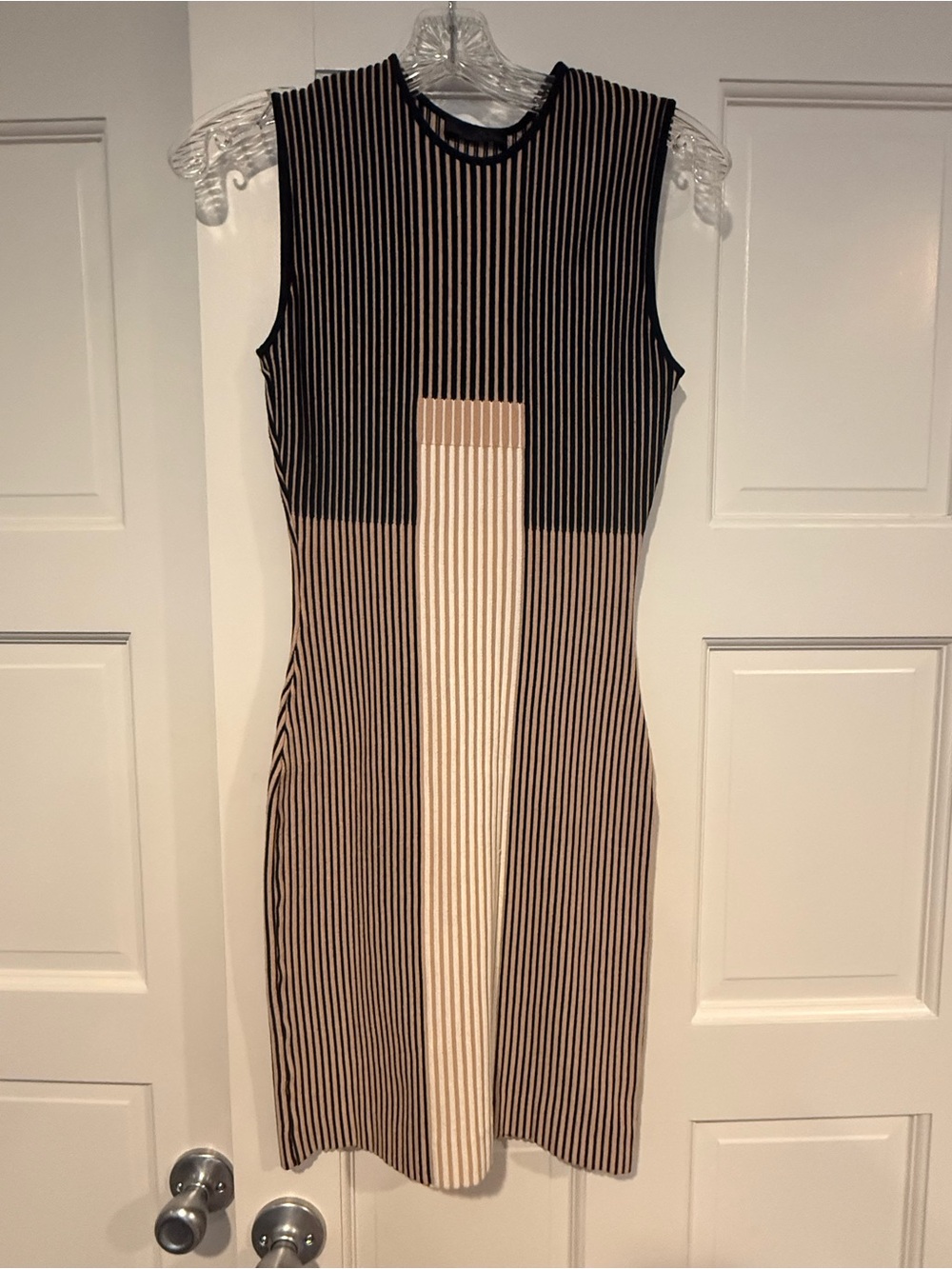 RVN Black and Cream Striped Sleeveless Midi Dress